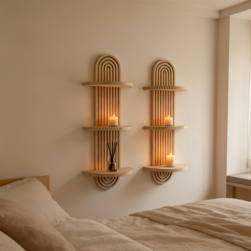bohemian style solid wood wall shelf multi tier wood shelf unit with wood grain layered storage suitable for living room bedroom entryway space saving modern decor for books plants d cor