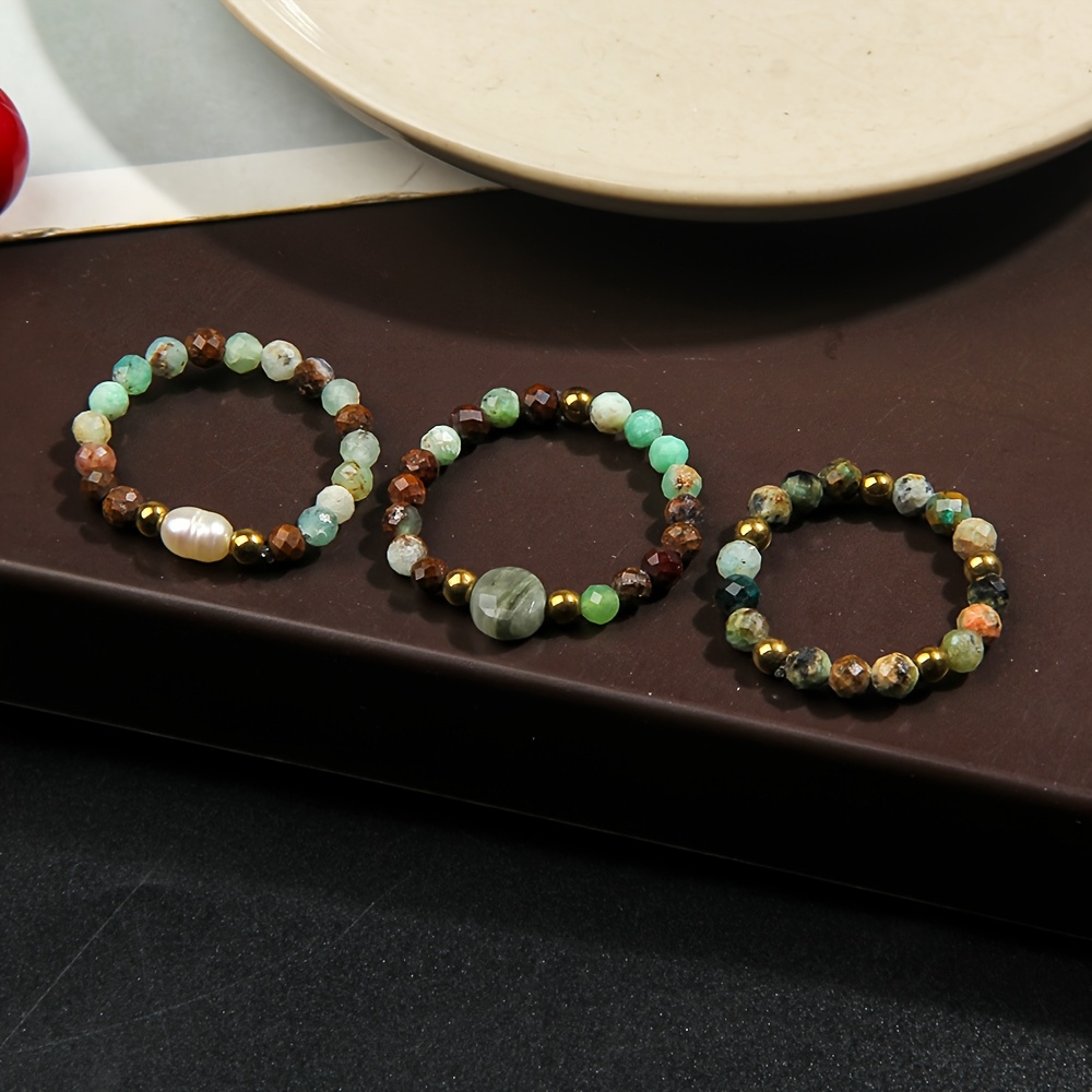 3pcs Bohemian Elegant Natural Stone Bead Ring Set Rings Multi- Handmade Elastic Line Adjustable Rings Stackable Band Suitable For Daily Wedding Party Wearing Best Gift For (natural Random)