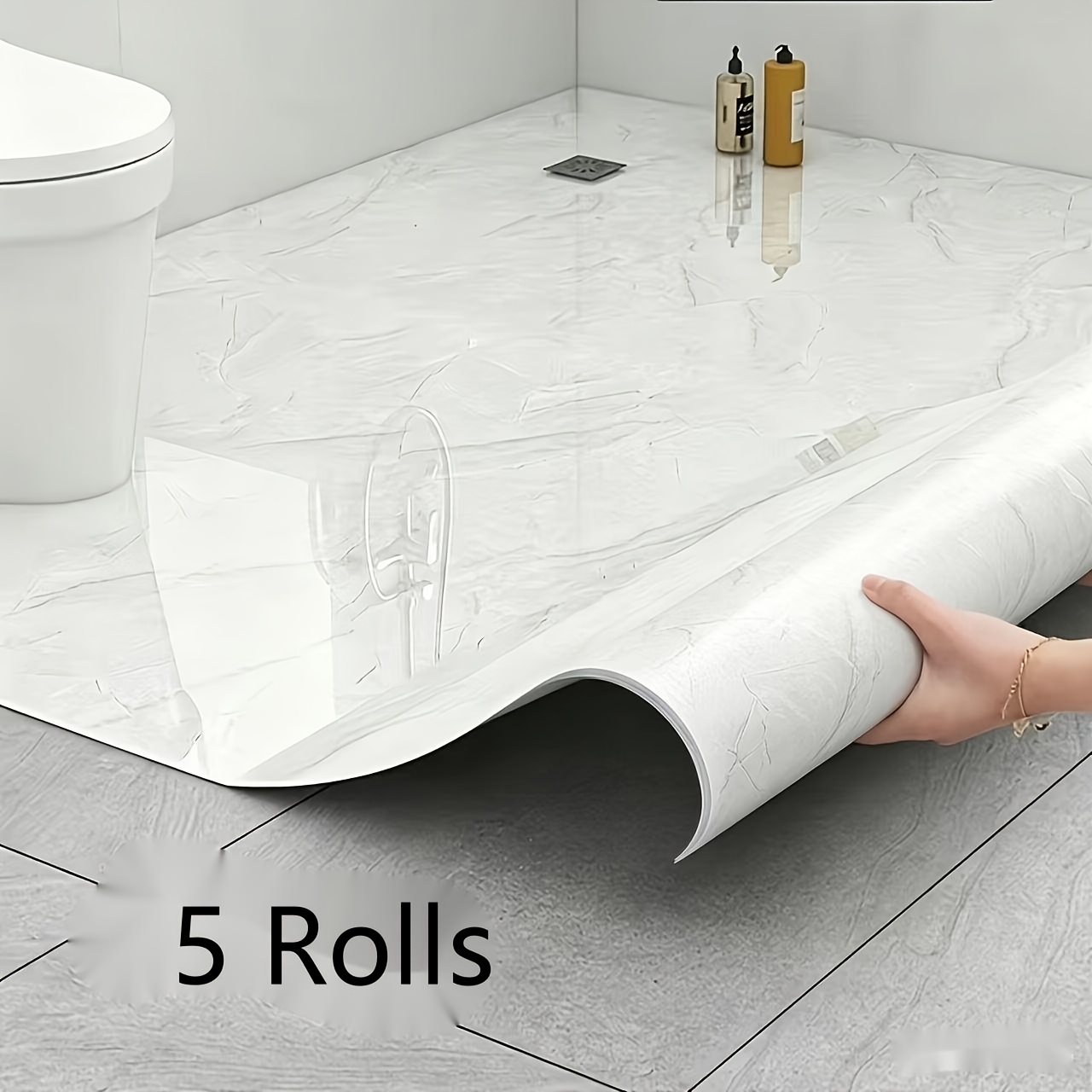 TEMU 5-roll Waterproof Vinyl Floor Tiles For Bathroom Floors, Self-adhesive Wallpaper For Toilet And Bathroom Wall Renovation And Concealment