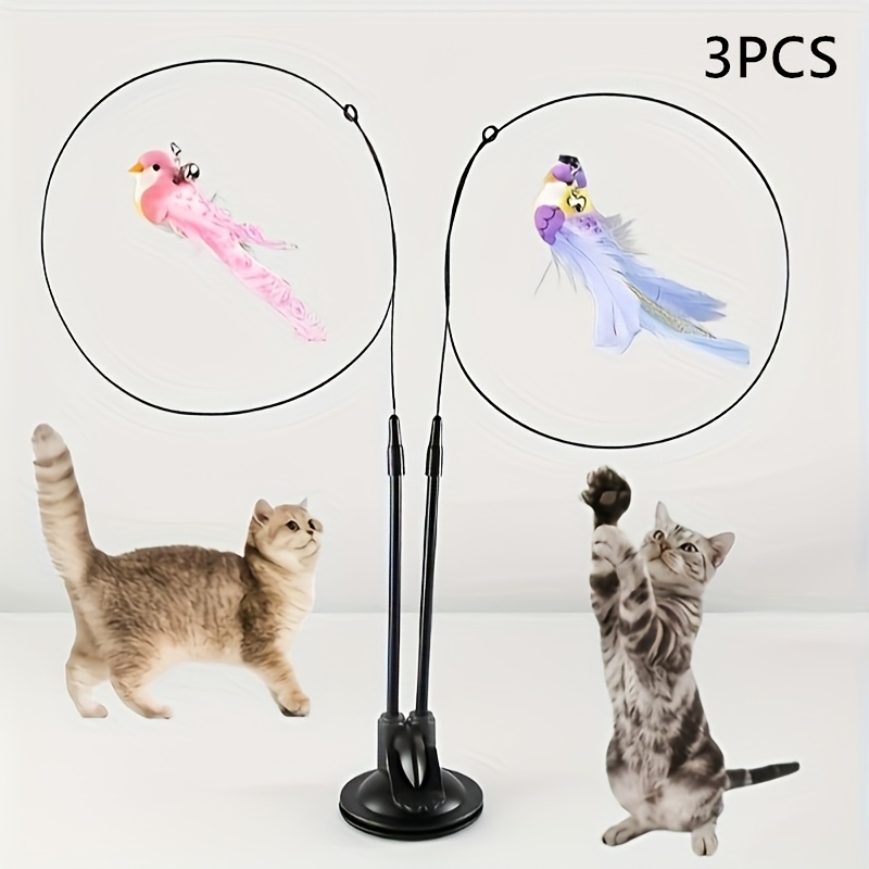 Image of New 3pcs Cat Toy Set - Simulated Bird Teaser With Nylon Feathers, Double Rod Strong Suction Cup And Bell For Interactive Training And Boredom Relief, No Battery Required ( And Color Are Random)