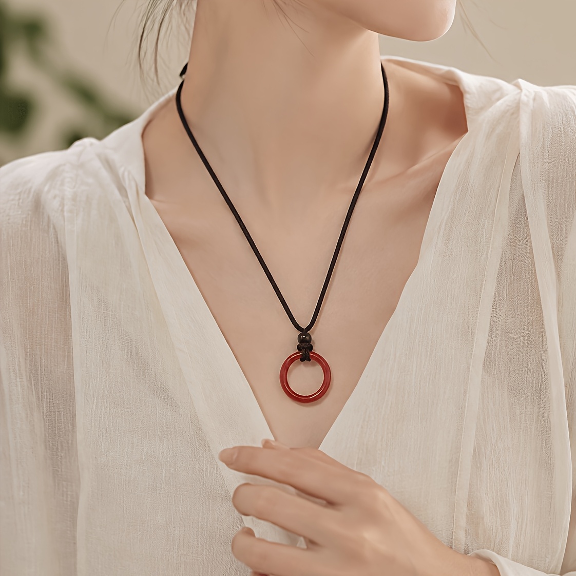 Natural Red Stone Braided Rope Hoop Ring Necklace, Minimalist