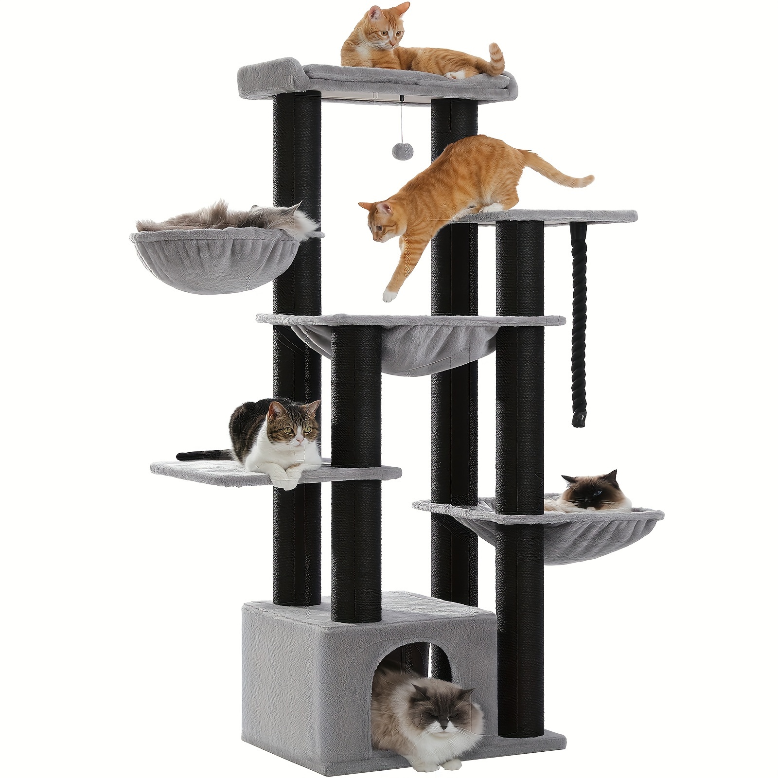 E-shop Großer Kratzbaum - 170 cm hoher Katzenturm für erwachsene Hauskatzen mit 13 schwarzen Kratzpfosten (10,9 cm), mehrstöckiges Katzenschloss, extra