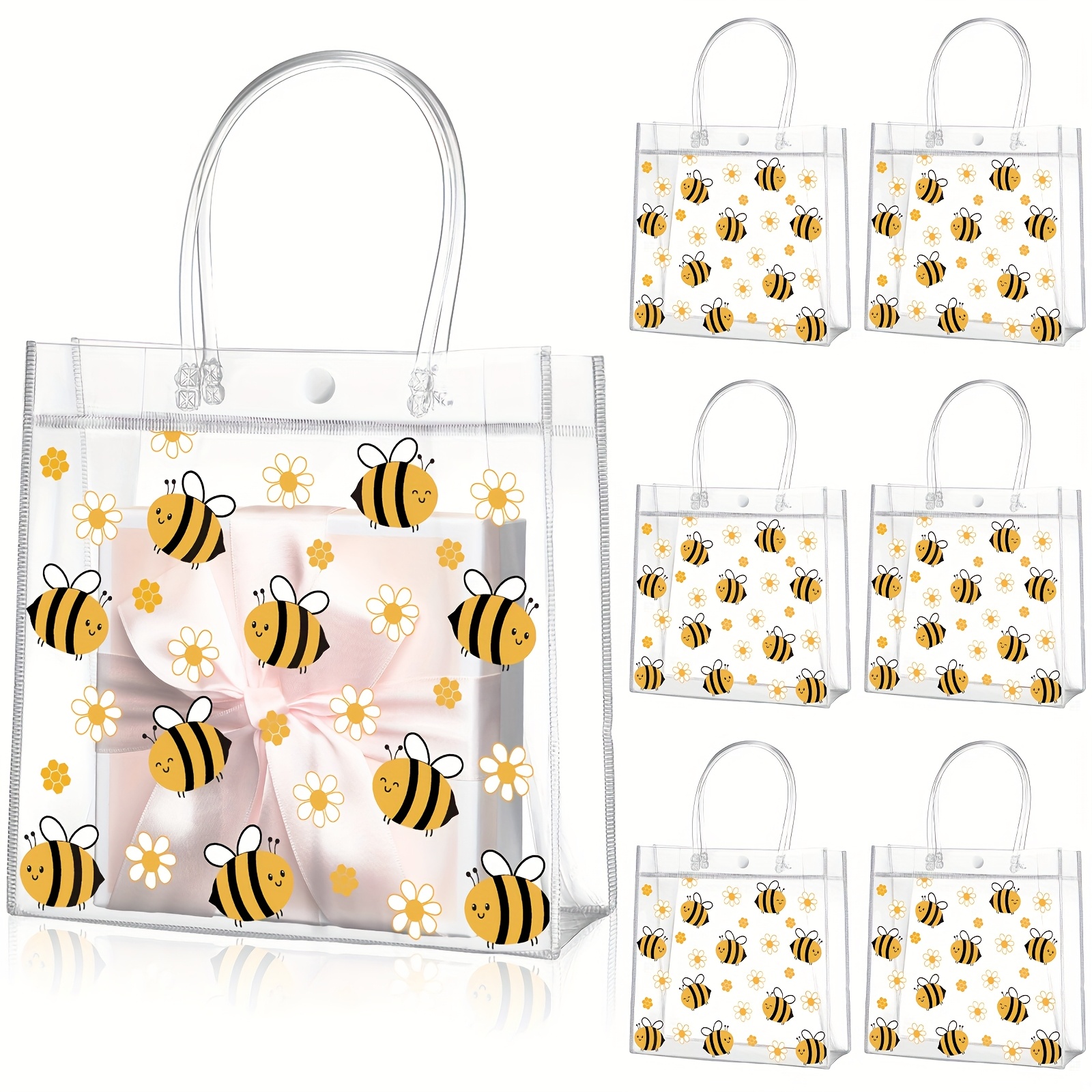 TEMU 20pcs Plastic Gift Bags With Handles Bee Party Goodie Treat Bags For Birthday Party Favor Candy Snack Can Gender Reveal Decor, 8 X 8 X 3.15 Inch