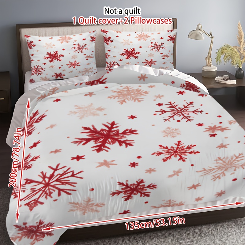 3pcs Winter Bedding Set - Red & Grey Snowflake Pattern, Machine Washable All-Season Duvet Cover & Pillowcases (1 +2) for Christmas, New Year's Decor - Bedding Basics Collection, Holiday Bedroom, Guest Room Essentials, Festive Design, Easycare Fabric, Durable Material, Seasonal Gift Buyers, Home Decorators, 2D Flat
