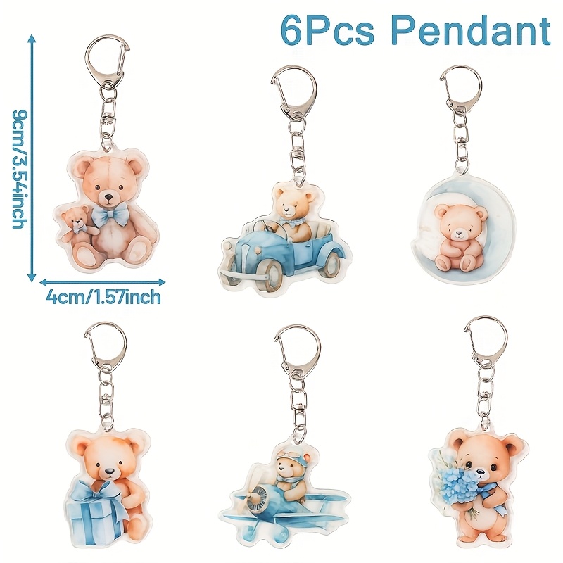 TEMU Set Regalo 2D Piatto - 6 Pezzi, Portachiavi Acrilici Orsetto Blu 2D Piatto, Simpatiche Decorazioni da Appendere per Feste a Tema , Decorazioni