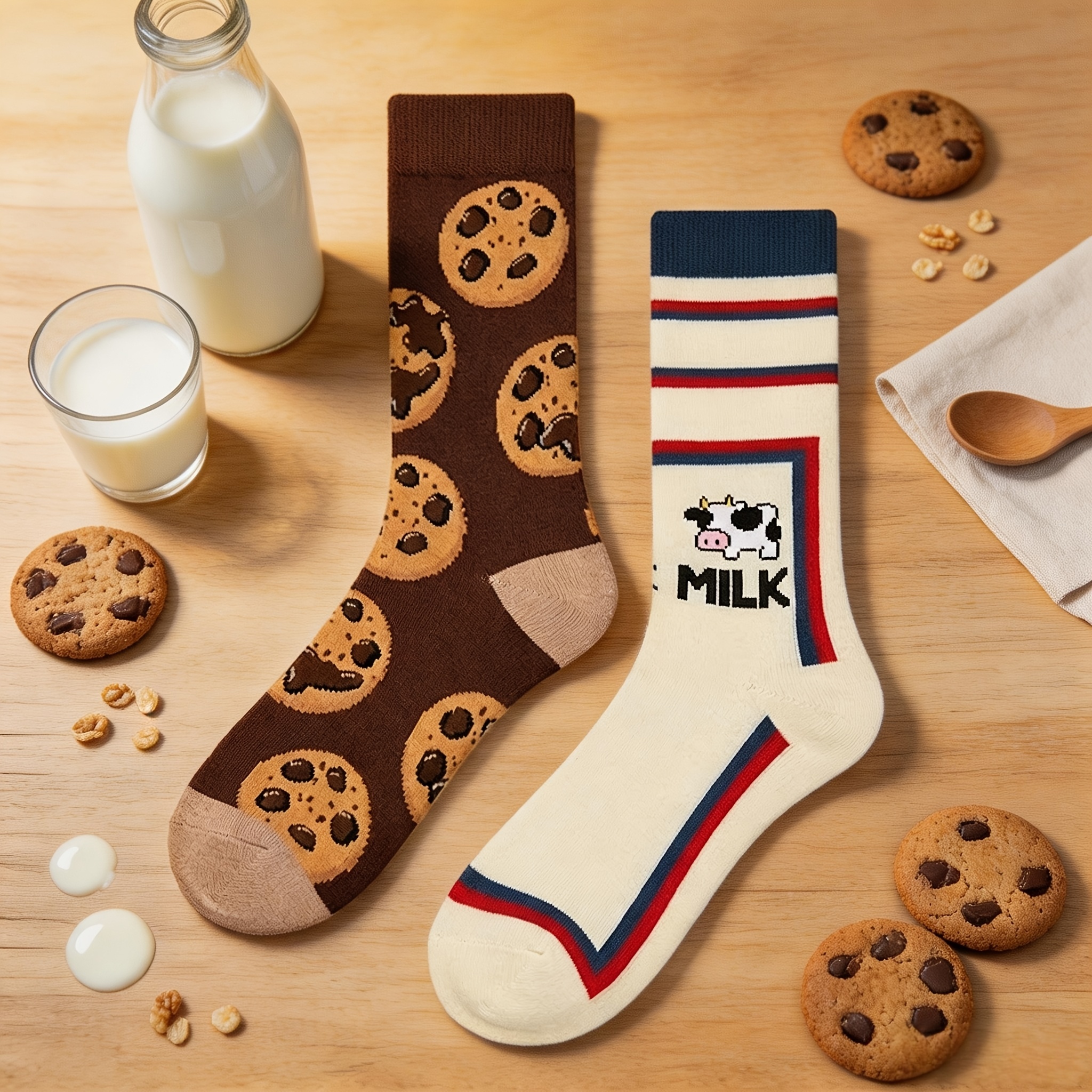 TEMU 1 Pair Men' Milk Crew Socks, Fun Cartoon For Food Pattern Casual Socks, Creative Gift For Food Lovers, Breathable And Comfortable, Ideal For