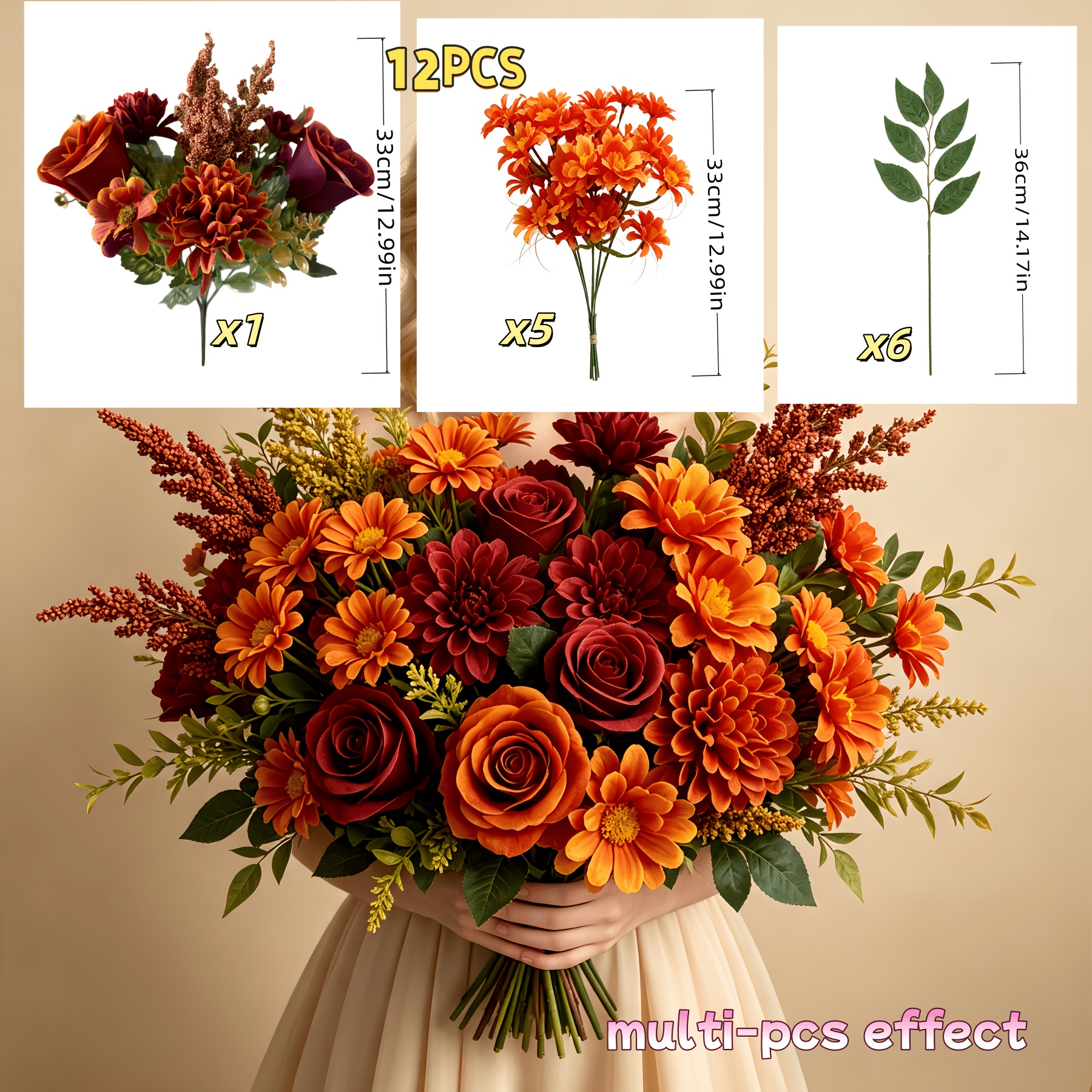 TEMU 12pcs Coffee-colored Mixed Faux Bouquet, Autumn Christmas Decor Flowers, Coffee Rose And Sunflower, With Autumn Chrysanthemums And Long