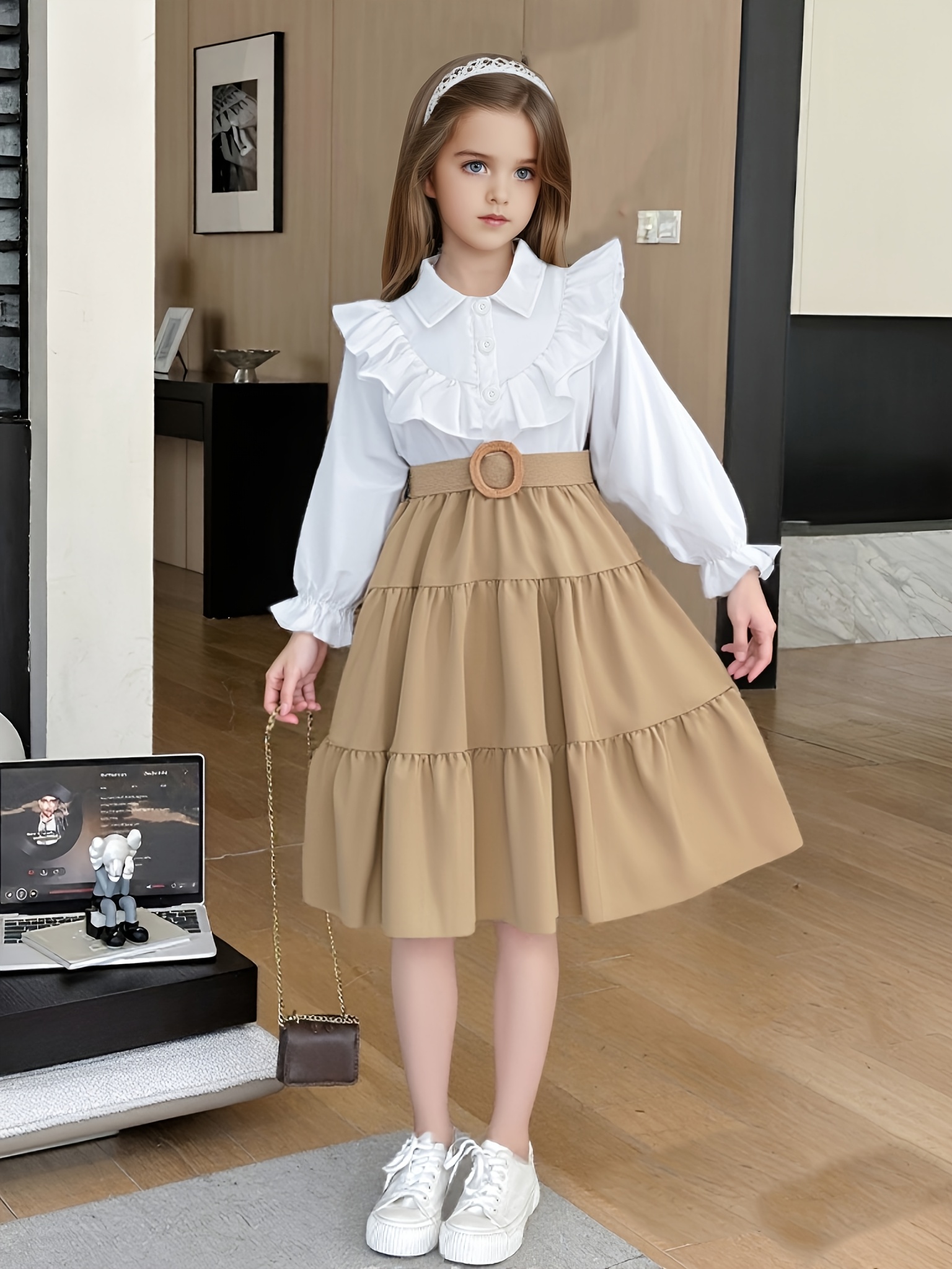 girls elegant long sleeve ruffle collar dress belt beige Temu