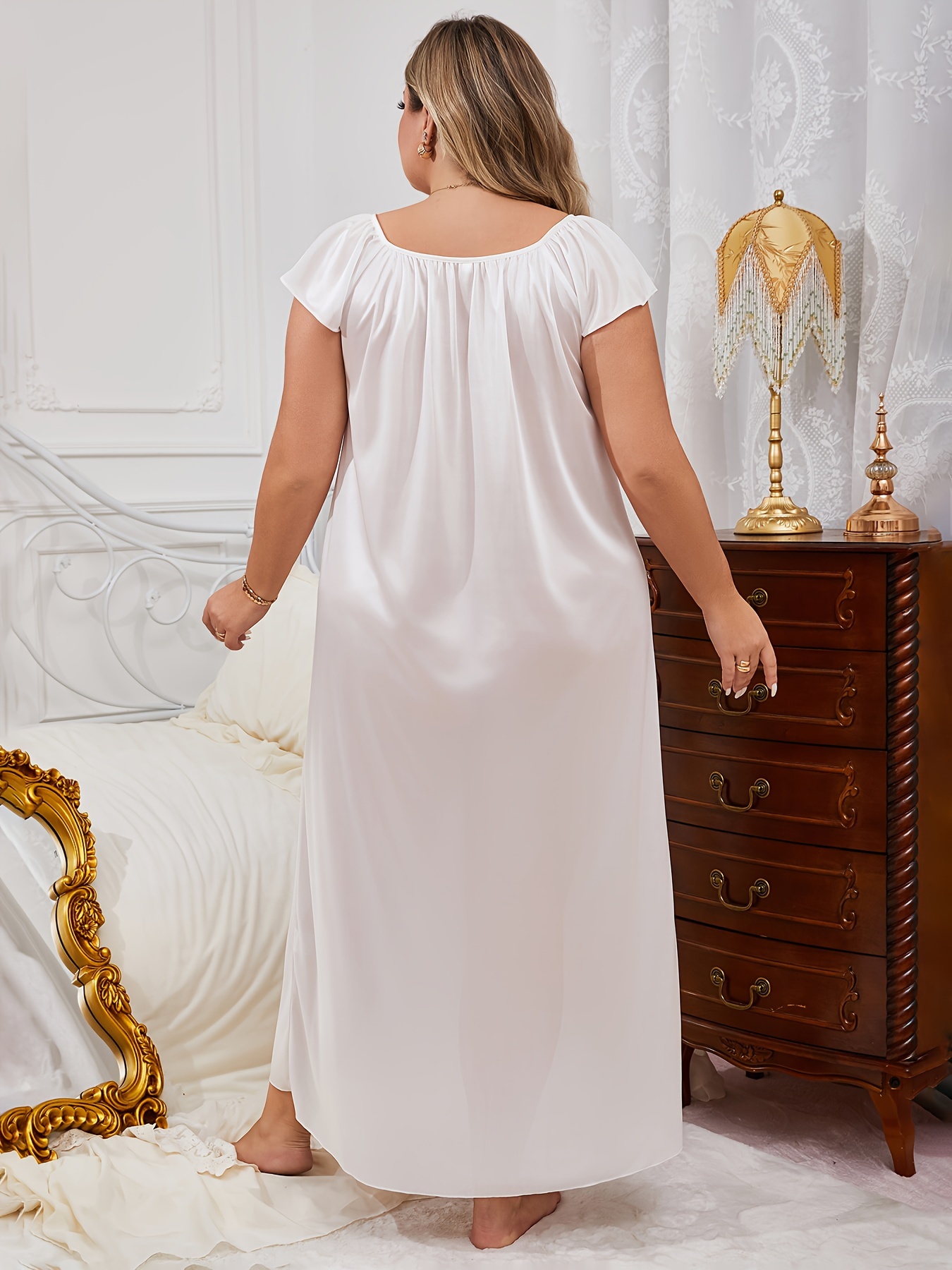 Sexy V-Neck Long Nightgown for Women - Soft Polyester & Elastane Blend, Semi-Sheer with Bow Detail, Machine Washable - Perfect for Fall