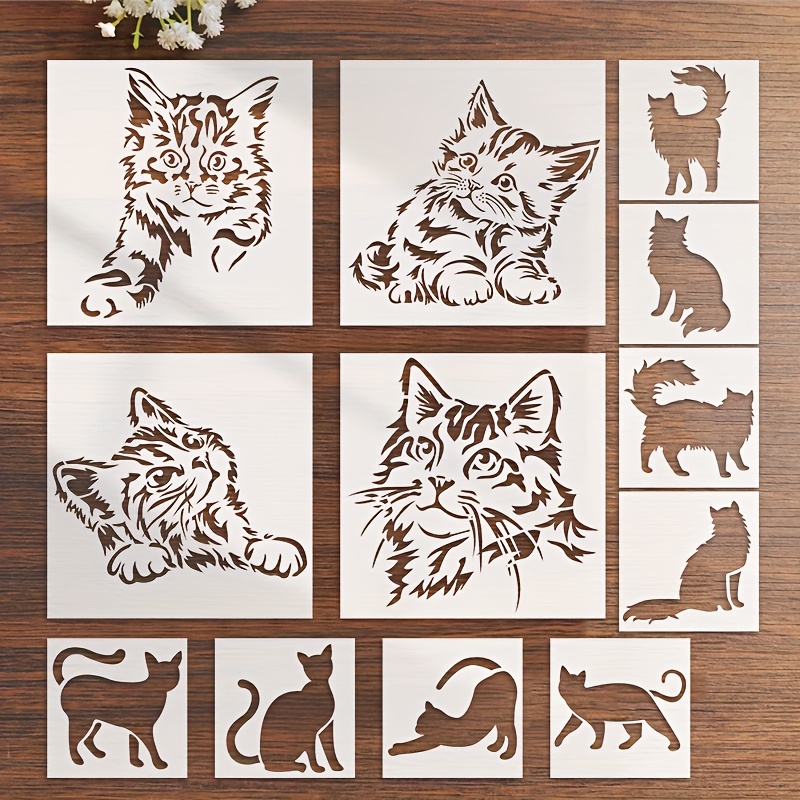 

12pcs Cat-themed Reusable Stencils - Diy Painting Templates For Wood, Canvas, Paper, Fabric, Floors & Walls - Pet Material, Washable & Art Projects, Illustrations, And Home Decor