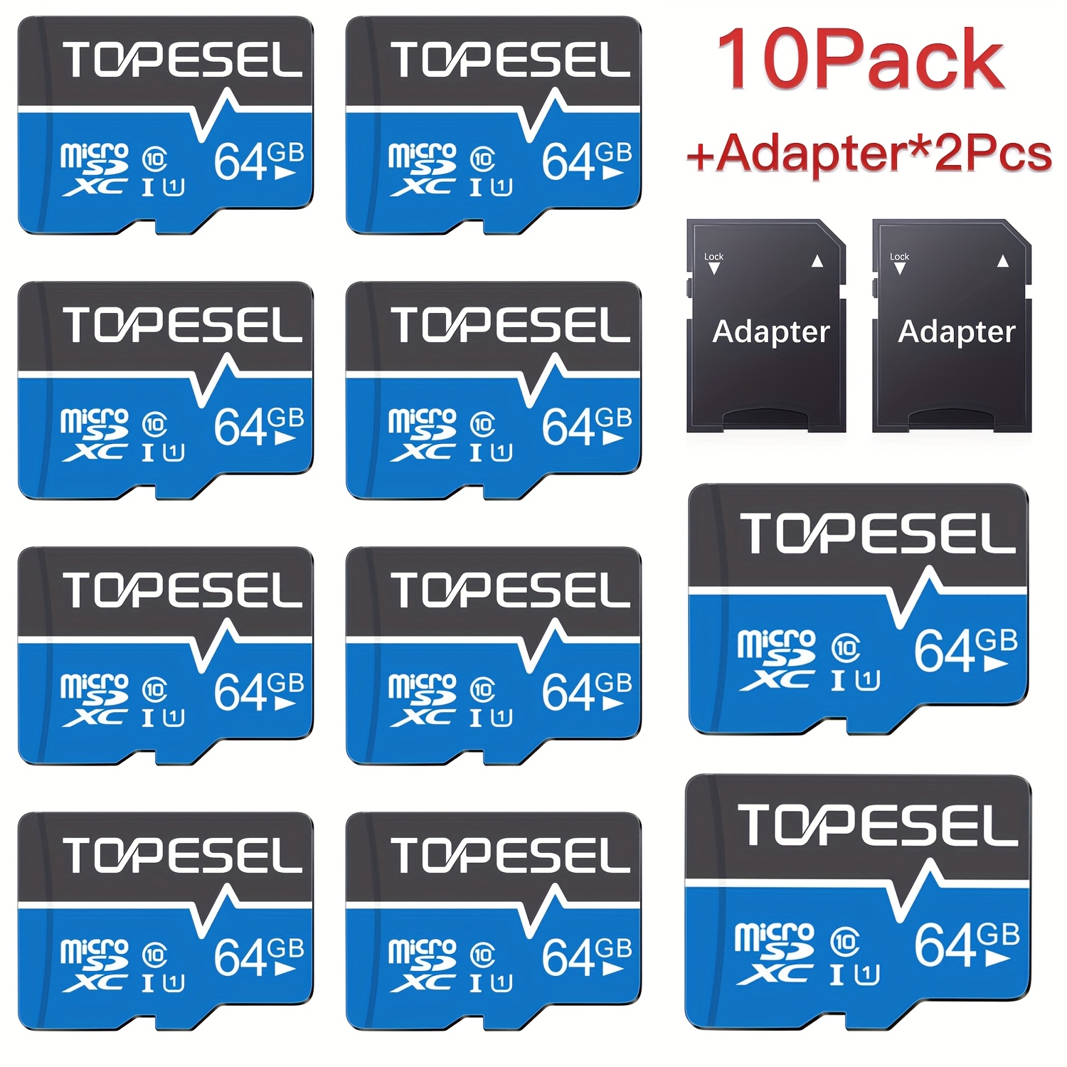 TEMU [10pcs Tf Cards] Topesel 10pcs 64gb C10 U1 Tf Card, With Adapter, Suitable For Smartphones, Tablets, Laptops, Sports Cameras, Dash Cams, Drone