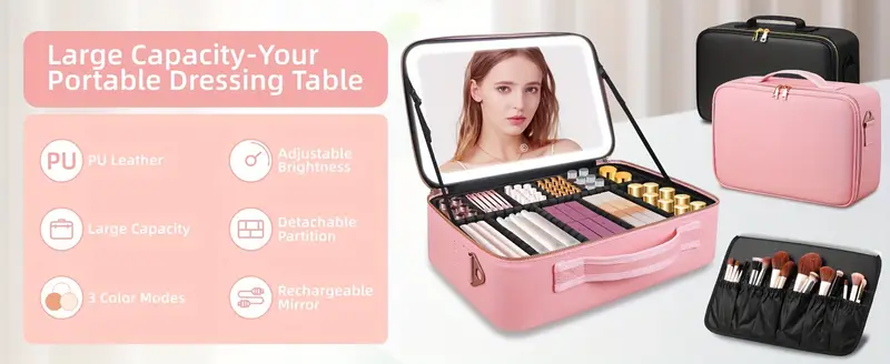 large size travel makeup bag with led with rechargeable three color lighting makeup bag with adjustable divider brush plate long suspenders andluggage strap suitable for travel parties business trips and other occasions details 11