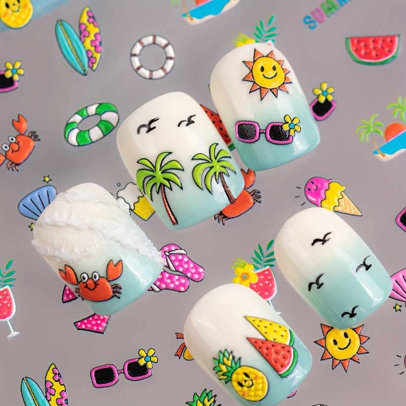 1pc 6d Embossed Nail Stickers - Beach & Creatures (starfish, Shells, Crabs) With Coconut Trees, Pineapple, Slippers - Diy Use, Plastic Decals For Pedicure, Manicure, Themed Nail Decoration