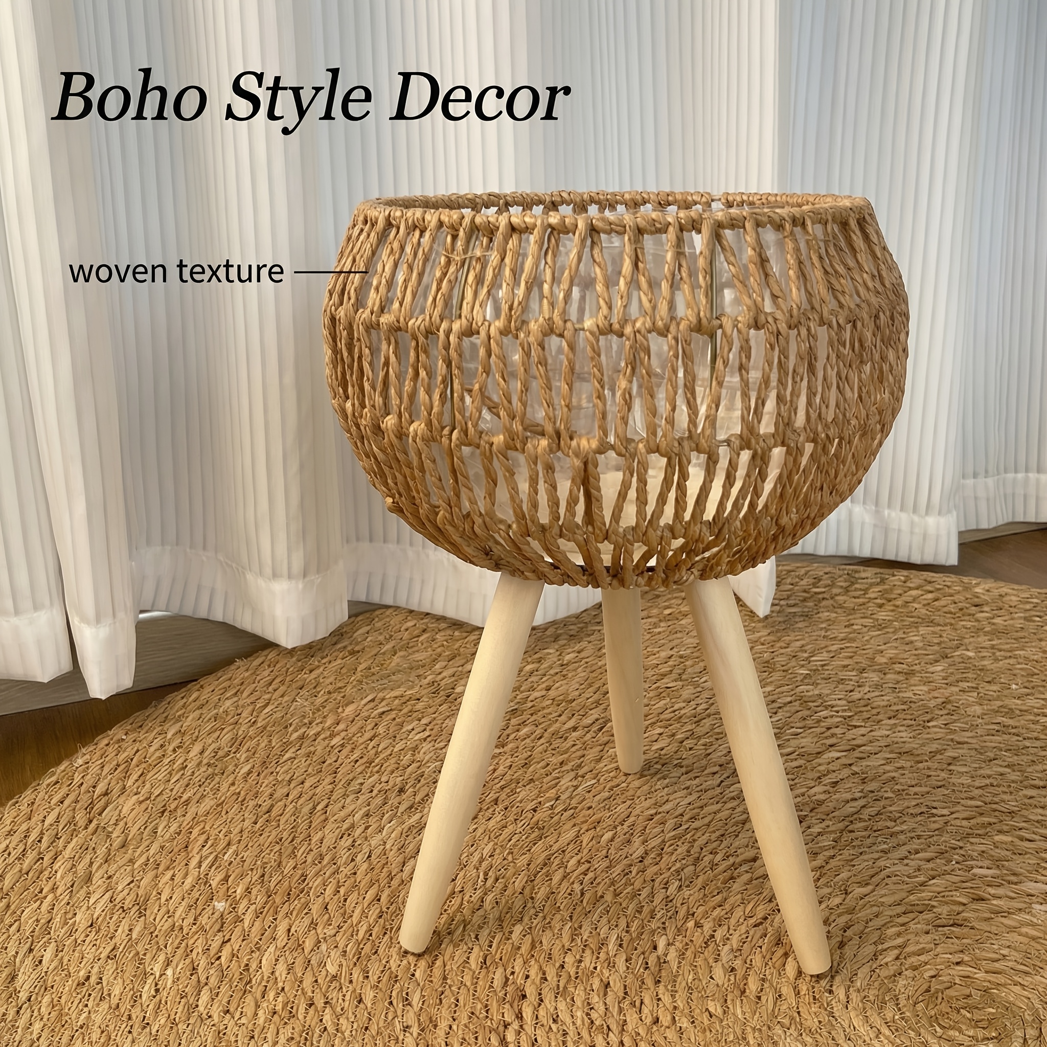 E-shop Gewebtes Pflanzentopf-Set im Boho-Stil, erhältlich in 2er- 1er-Optionen. Handgewebt mit wasserdichtem Innenfutter stabilem dreieckigem Ständer