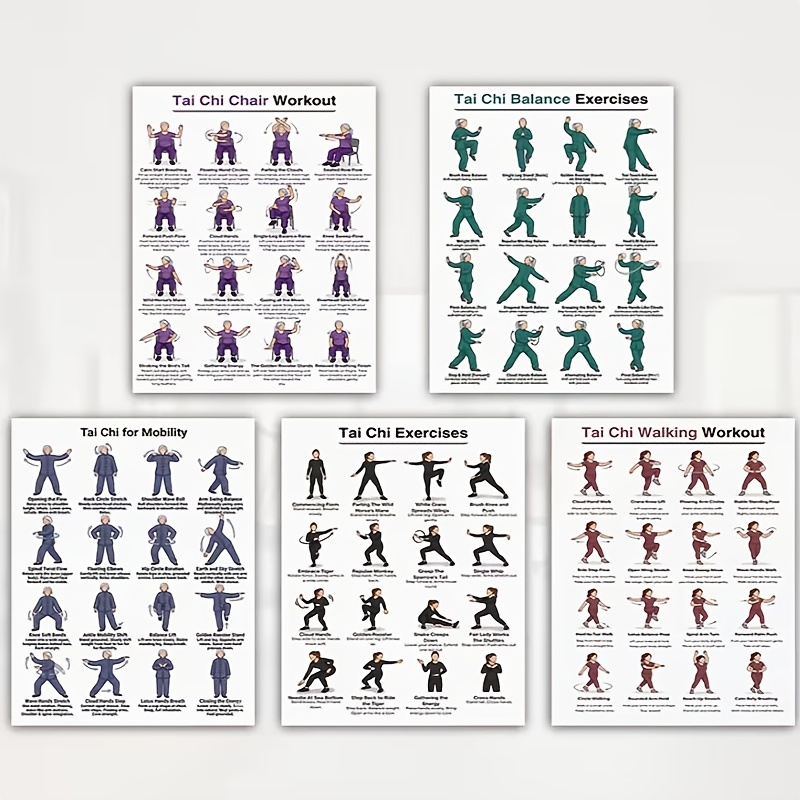 TEMU 5pcs Tai Chi Poster Set Suitable For Home Gym & Training - Format Balance & Flexibility Charts With Seated Tai Chi & Walking Guides, Step--step