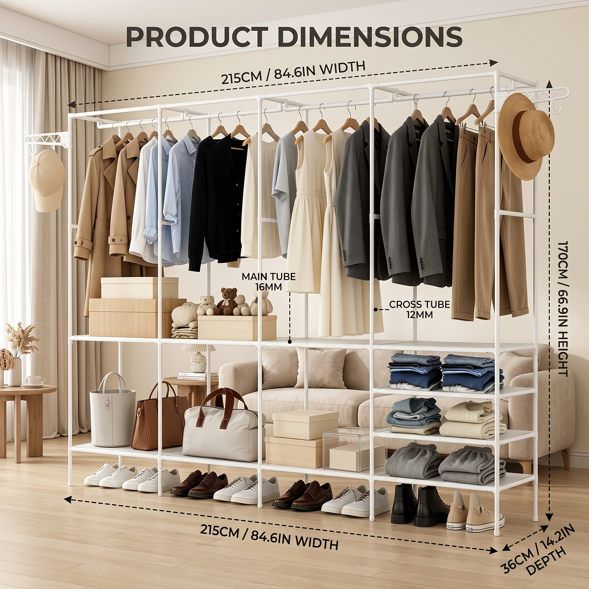 Image of Freestanding Clothes Rack, 4-tier Garment Storage Shelf, 215×36×170cm Metal Clothing Organizer, Heavy Duty Clothes Hanging Rack For Bedroom, Living Room, Hallway, Storage Room, Utility Racks