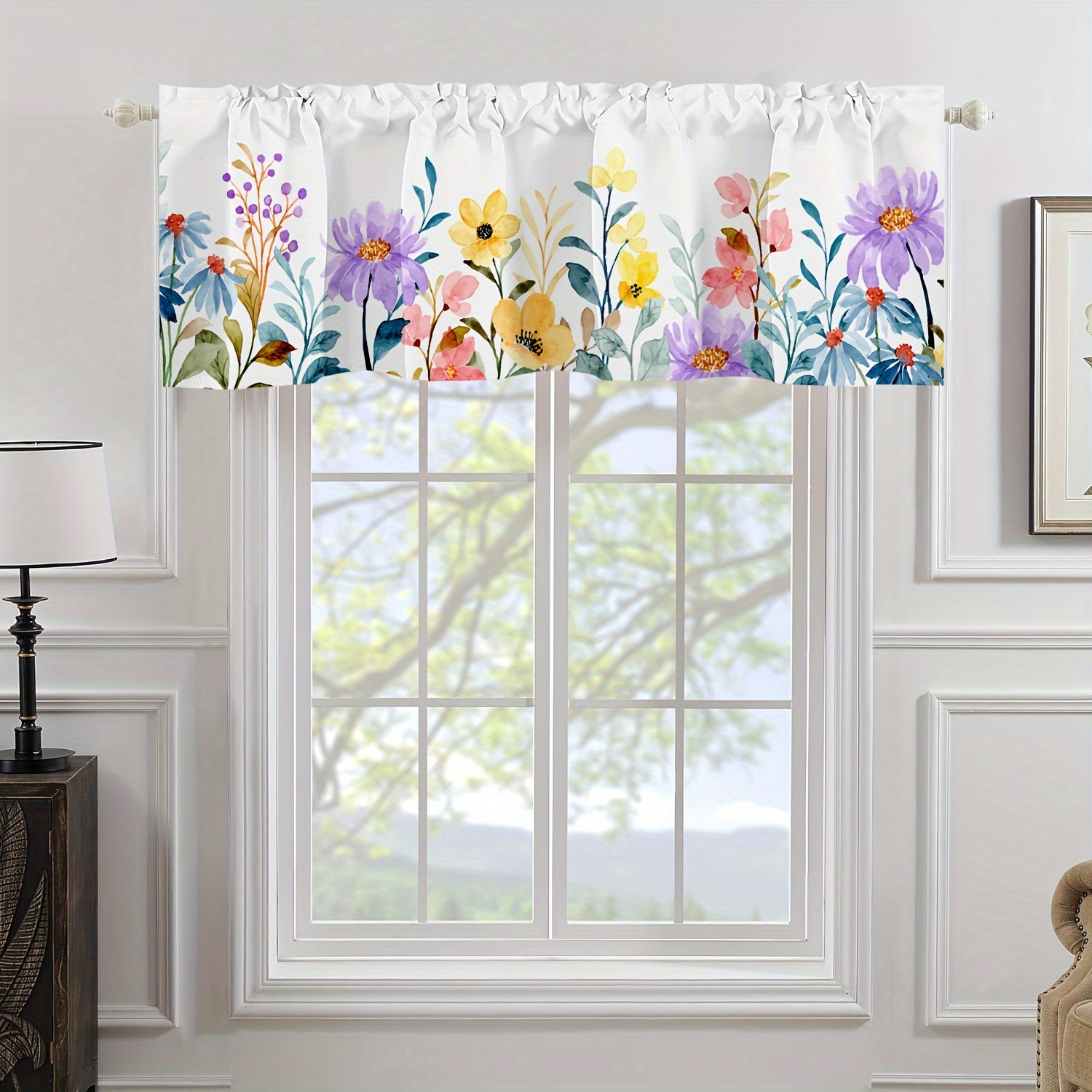 1pc Background Purple Flower Curtain, Pure Polyester Digital Printing Small Flower Short Curtain, 52*18inch
