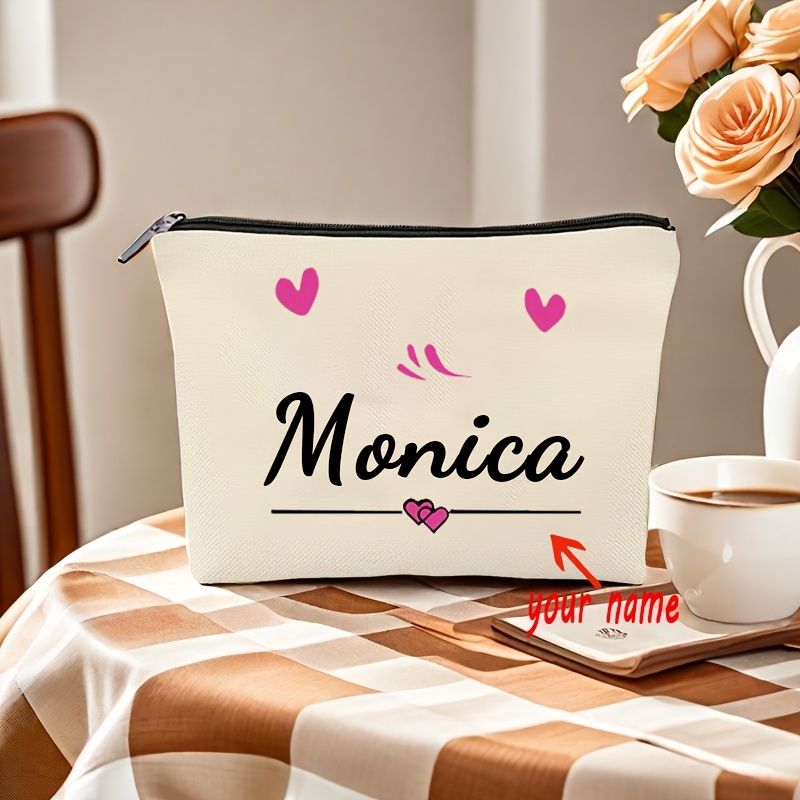 

A Personalized Fashion Polyester Makeup Bag Featuring A Heart Pattern And Custom Name - Machine Washable, Zip Closure, Lightweight, Fade-resistant, And Foldable, Gifting.