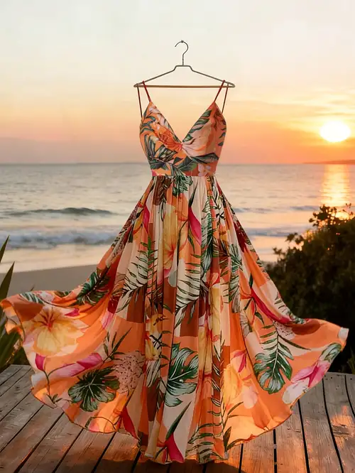 long tropical dresses Women's Casual Loose Sundress Sleeveless Dress Maxi Exotic Bird Toucan Parrot Summer Beach Dress 5XL at Amazon Women's Clothing store and a flowy maxi bodice inspired by Honolulus beauty. Long Halter Tropical Print Slit