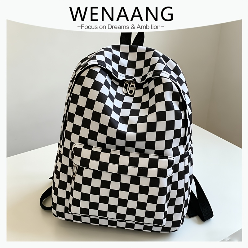 TEMU Fashion Leisure Checkered Backpack With Classic Grid Pattern, Multi-compartment Storage Lightweight Durable Fabric Backpack For Carrying For