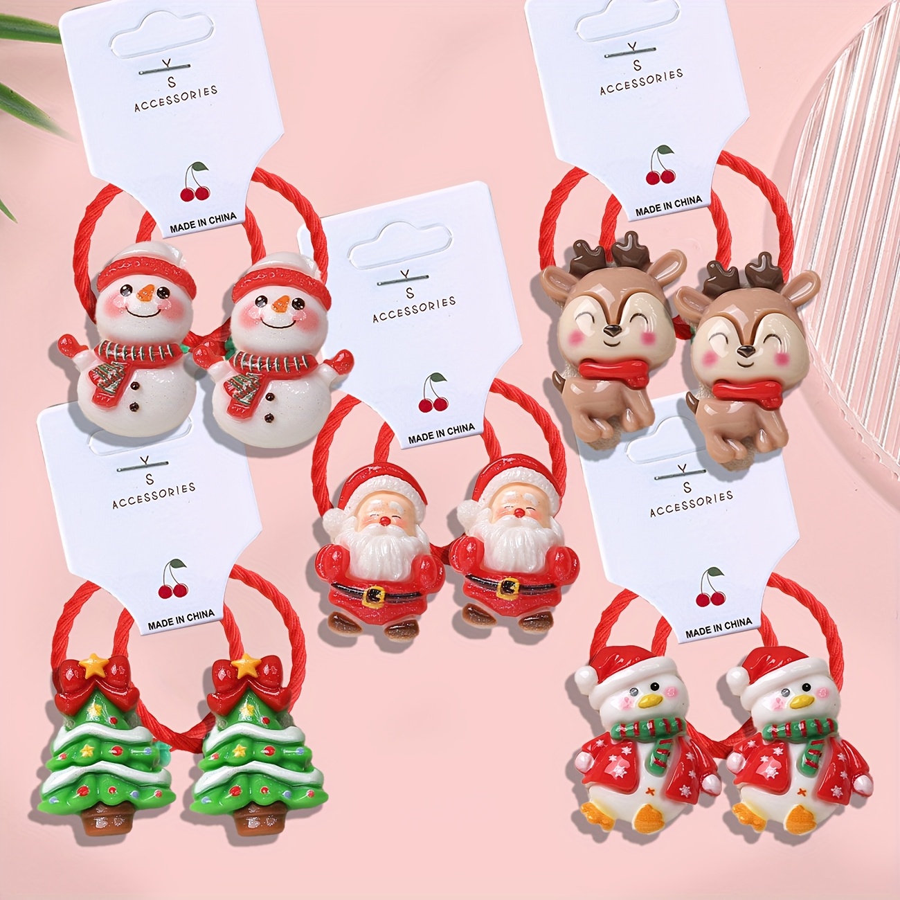 Set Of 10 Adorable Christmas Hair Ties For Featuring Cartoon Designs Of Santa And Reindeer, Made From Durable Elastic Resin, Perfect For