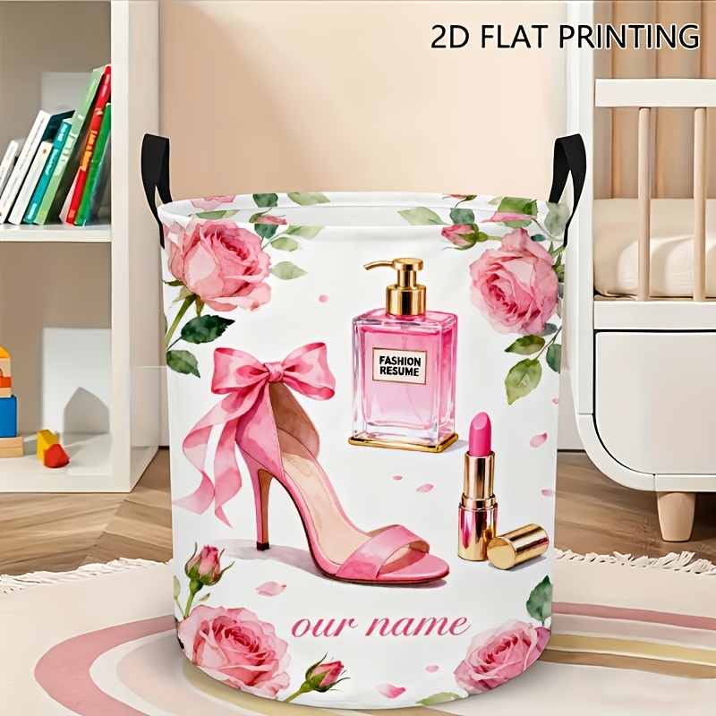 TEMU 1pc 2d Printed Round Laundry Basket, Pink High Heels Perfume Rose Print Dirty Clothes Storage Hamper, Decor Organizer Bin For Household Clothes