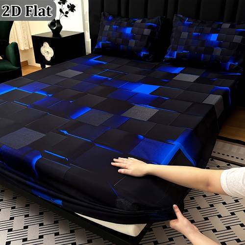2d flat 3pcs cool technology digital printing material plaid fitted sheet 1pc bed sheet 2pcs pillowcase no filling deep pocket in 15 inch at home suitable for mattress protector