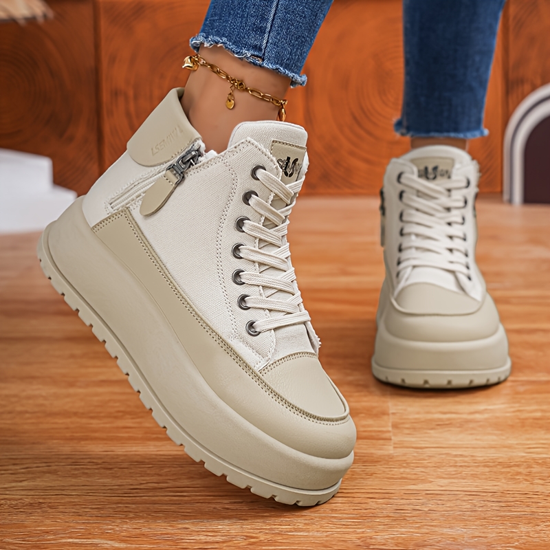 TEMU Lsemiwl Women's Large Size Retro High-top Sneakers With Thick Platform Sole & Height - Non-slip Tpr Sole, Side Zipper Lace-free, Lightweight