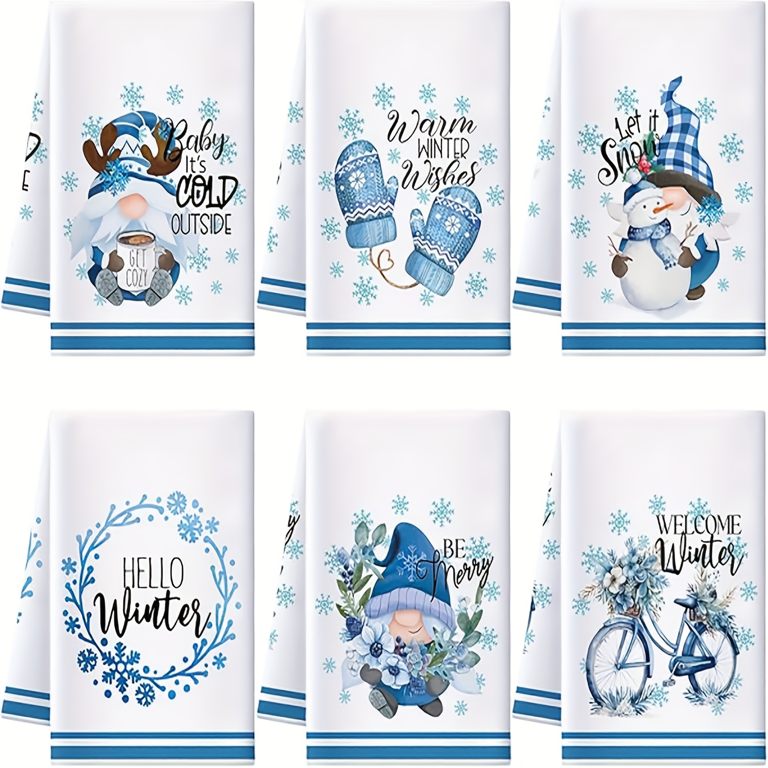 TEMU 6 Christmas Greetings, Winter Kitchen Towels, Snowman Gnome Dish Towels, Blue Snowflake Tea Towels, Christmas Hand Drying Towels, Baking And