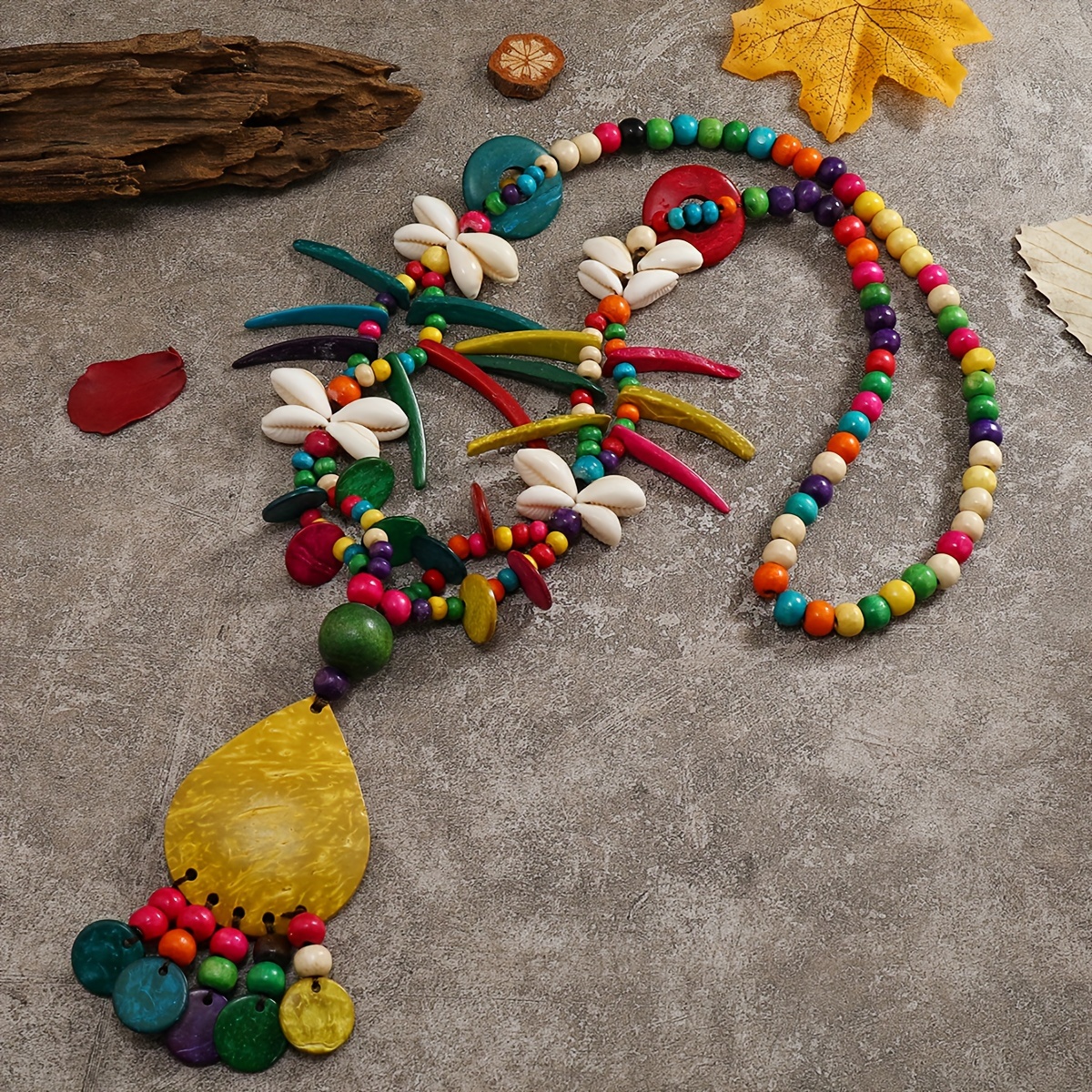

Vintage Beaded Coffee Color Large Coconut Shell Wooden Bead Pendant Long Round Bead Necklace