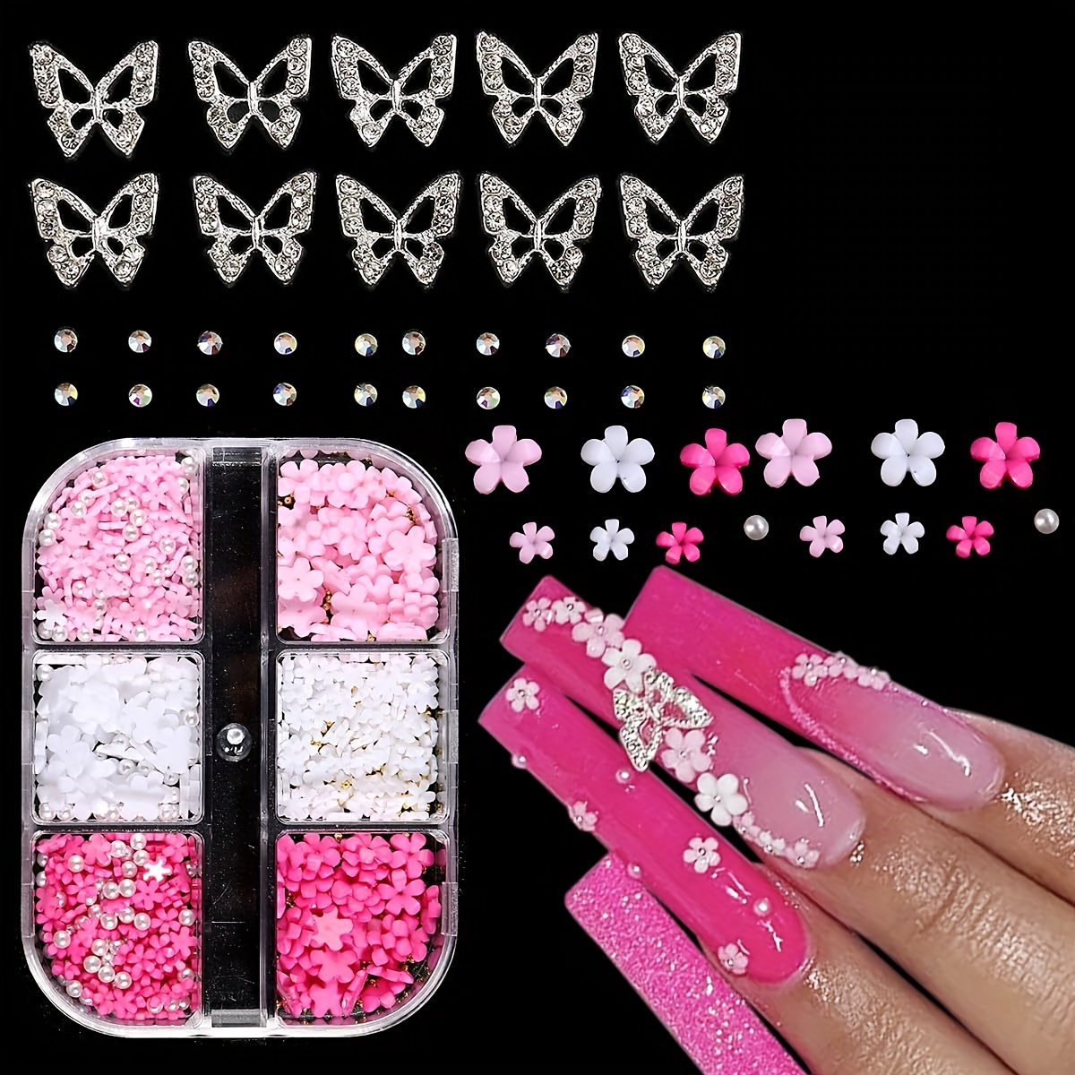 

3d Acrylic Flowers For Nails, Metal Butterfly Charms, And Ab Color Gemstones - Y2k Nail Art Accessories Kit