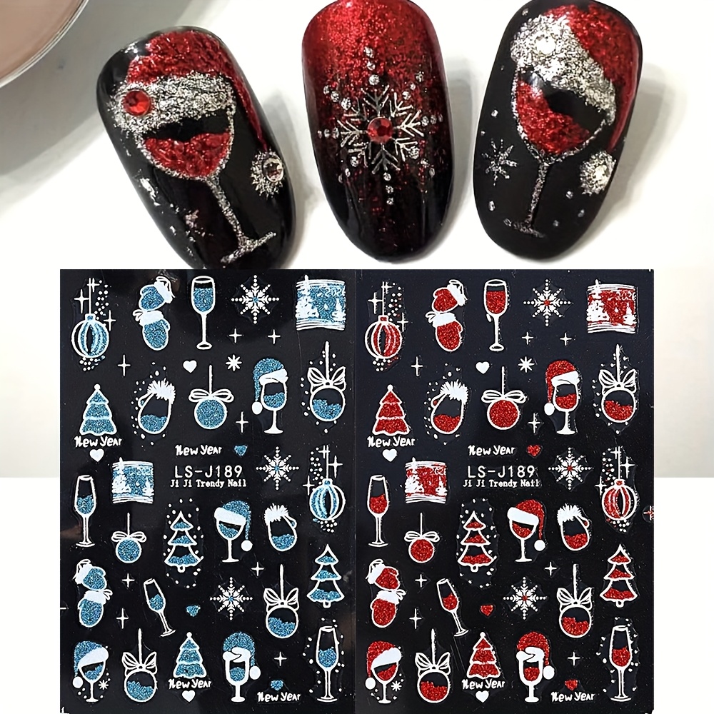 2pcs Christmas New Year Glitter Nail Stickers Red Blue Wine Glass Christmas Ball Christmas Tree Snowflake Shiny Cute Decoration Self-adhesive Nail Decals Nail Salon Nail Supplies Ls-j