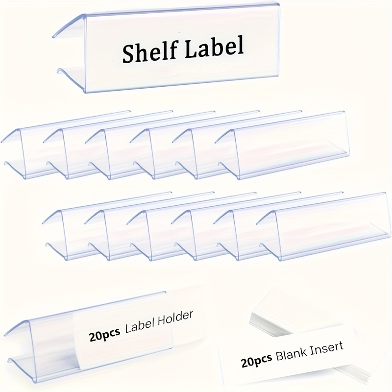 40pcs Clear Plastic Shelf Label Holders With Blank Inserts - Durable, 20pcs Transparent Removable Clips+20pcs , Removable Clips For Home Office, Pantry Organization