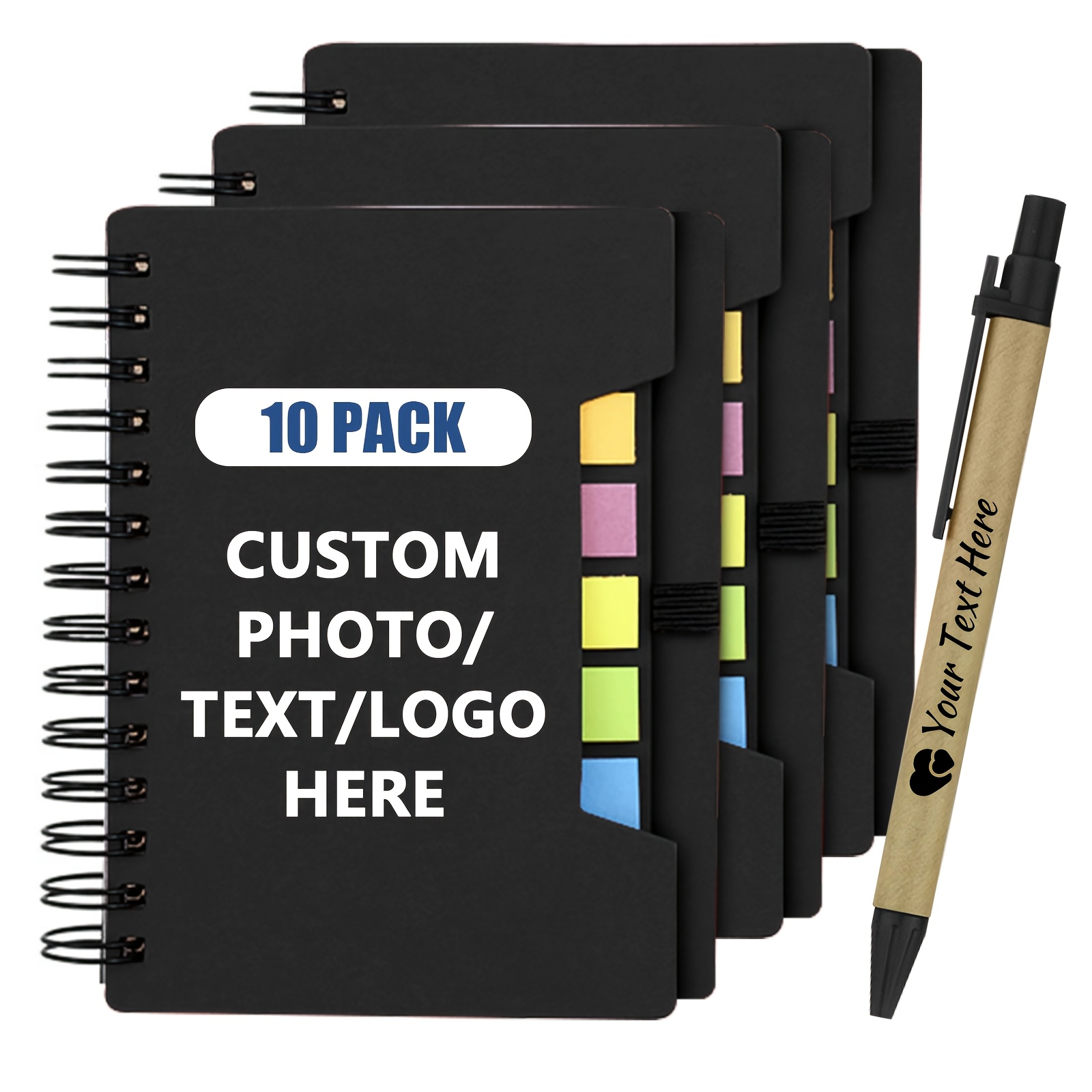 10pcs Customized Spiral Notebook , Cover Customized Logo/text/image Line Notepad With Pen In Holder, Sticky Notes Sticky Notes, Page Markers Colorful Index Tabs Banner