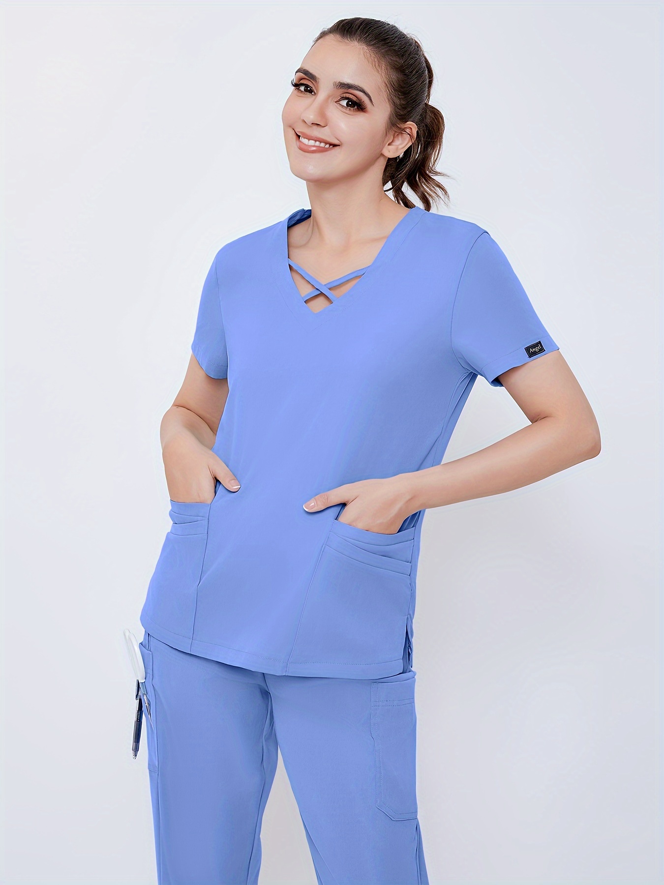 Solid Two piece Set Casual Short Sleeve Scrub T shirt - Temu Canada