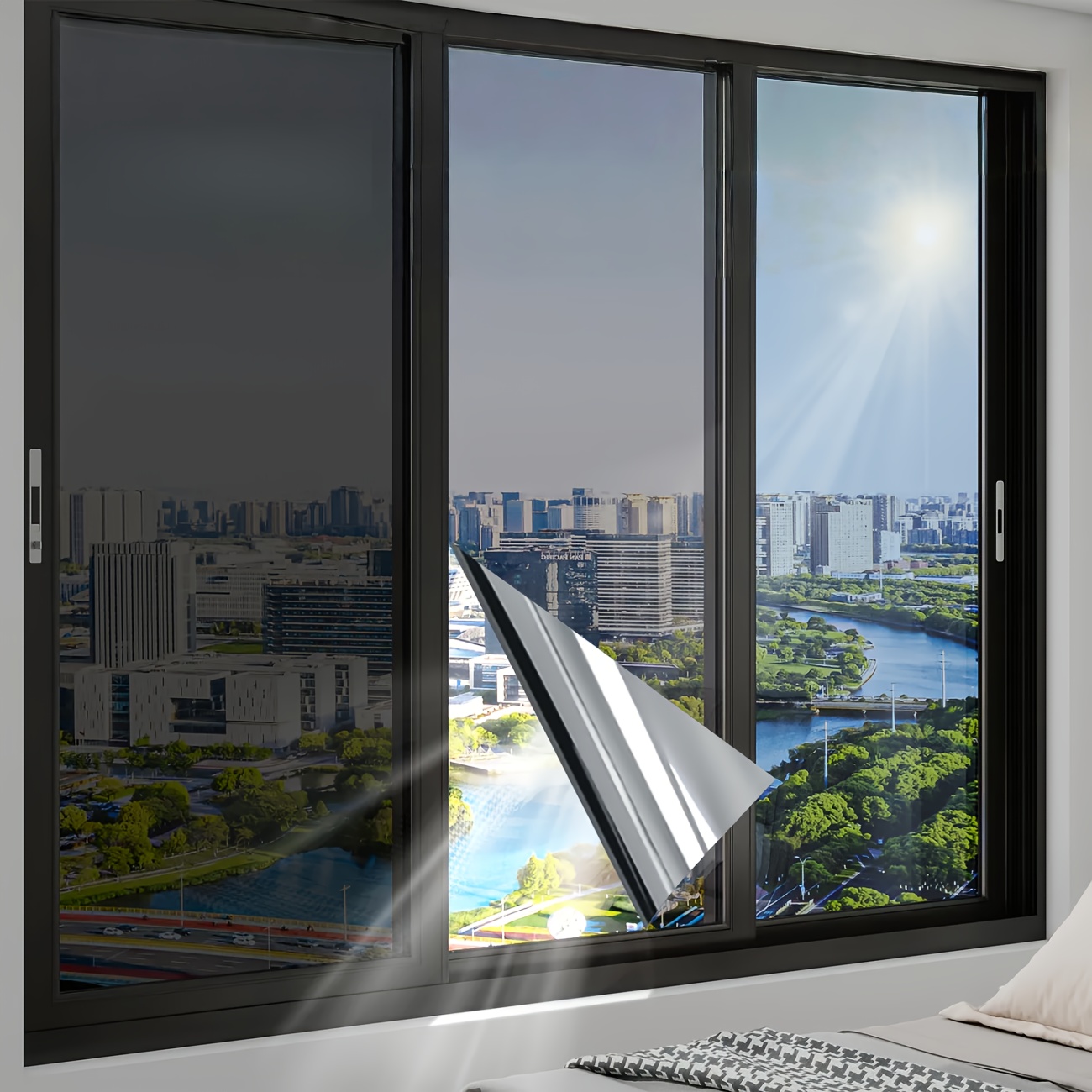 Зеркальная пленка для окна 60×200 см черно-серебристая, статическая, солнцезащитная