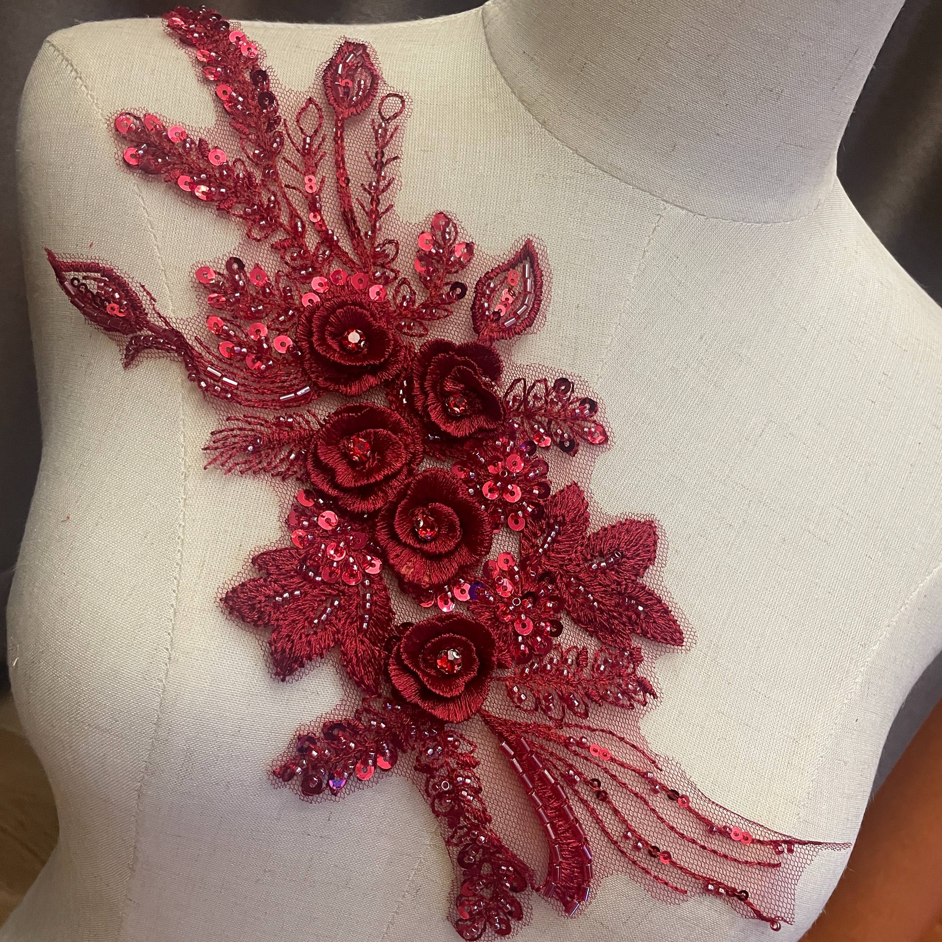 

Burgundy Floral Beaded Lace Appliqué, Embroidered Sequin Patch For Bridal Dress Decor, Handmade 3d Flower Fabric Embellishment