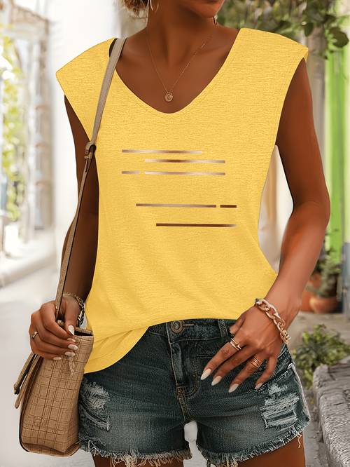 relaxed and sophisticated minimalist aesthetic horizontal pattern printed v neck sleeveless t shirt comfortable and fabric alone or layered for casual matching suitable for street daily life