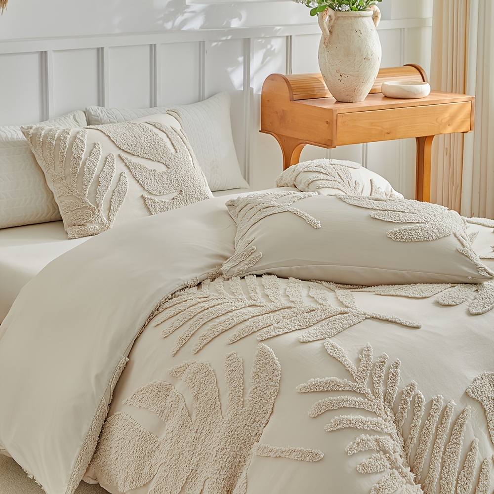 3D Leaf Pattern Duvet Cover Set 2/3pcs Set - High-Quality Tufted Craft, Distressed Style Washable Bedding, Soft Breathable Khaki Bedroom Decor, Multi-Size Available, All-Season Bedding