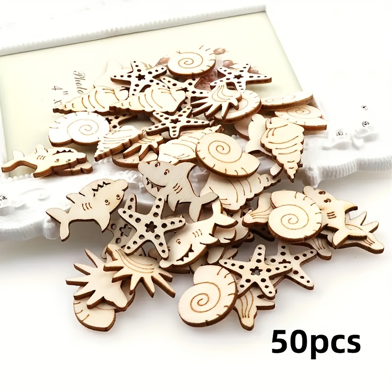 

50pcs Mixed Marine Animal Wooden Pieces - Diy Craft Kit For Painting & Graffiti, Ideal For Holiday Decorations & Home Crafting, Featuring Starfish, Shells, Conches & More