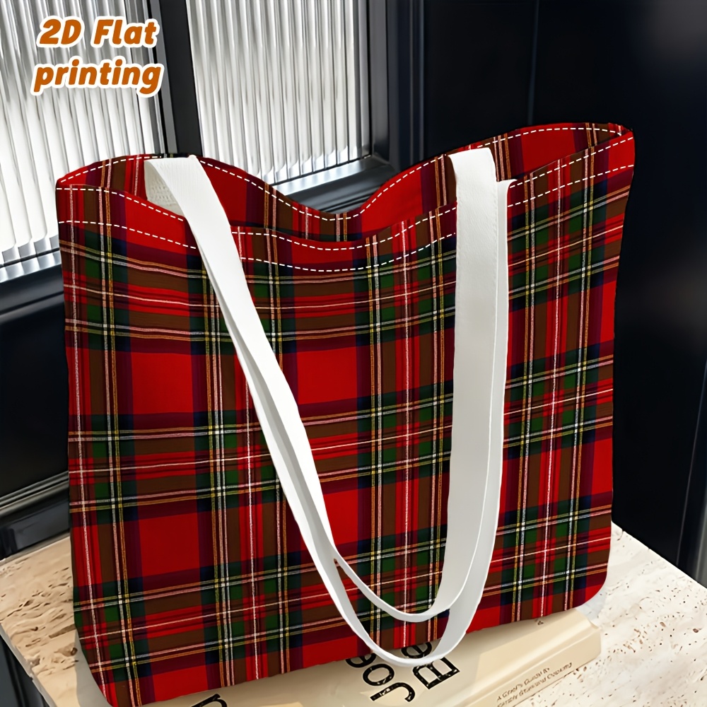 TEMU 1pc Red, Green, Black, And White Checkered Pattern Print Women'-shoulder Bag, Multi-functional Handbag, Used As A Tote Or Crossbody Bag,