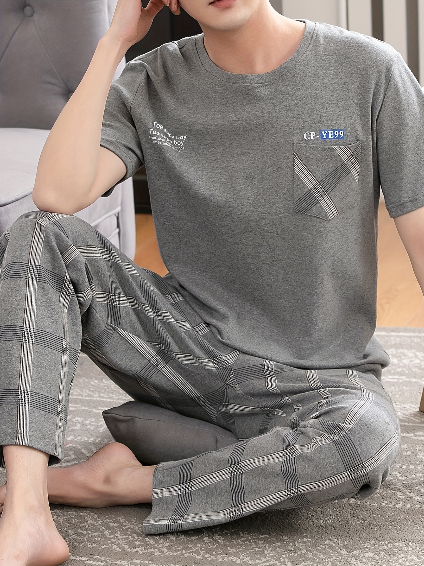 Men'S Summer Pajamas Made of Pure Cotton, Featuring Short Sleeves And Long Pants, Lightweight And Available in Plus Sizes for Young Adults.