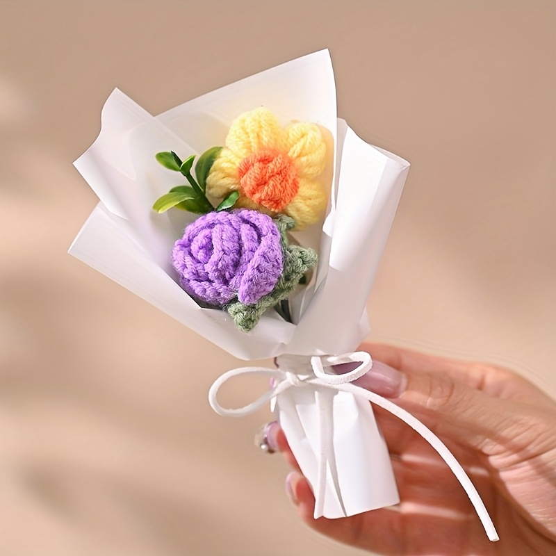 TEMU 1pc Of Faux Flower Knitted Mini Rose Bouquet With Gift Bag, Suitable As A Present For Valentine's Day, Mother's Day, Or Everyday Gifts