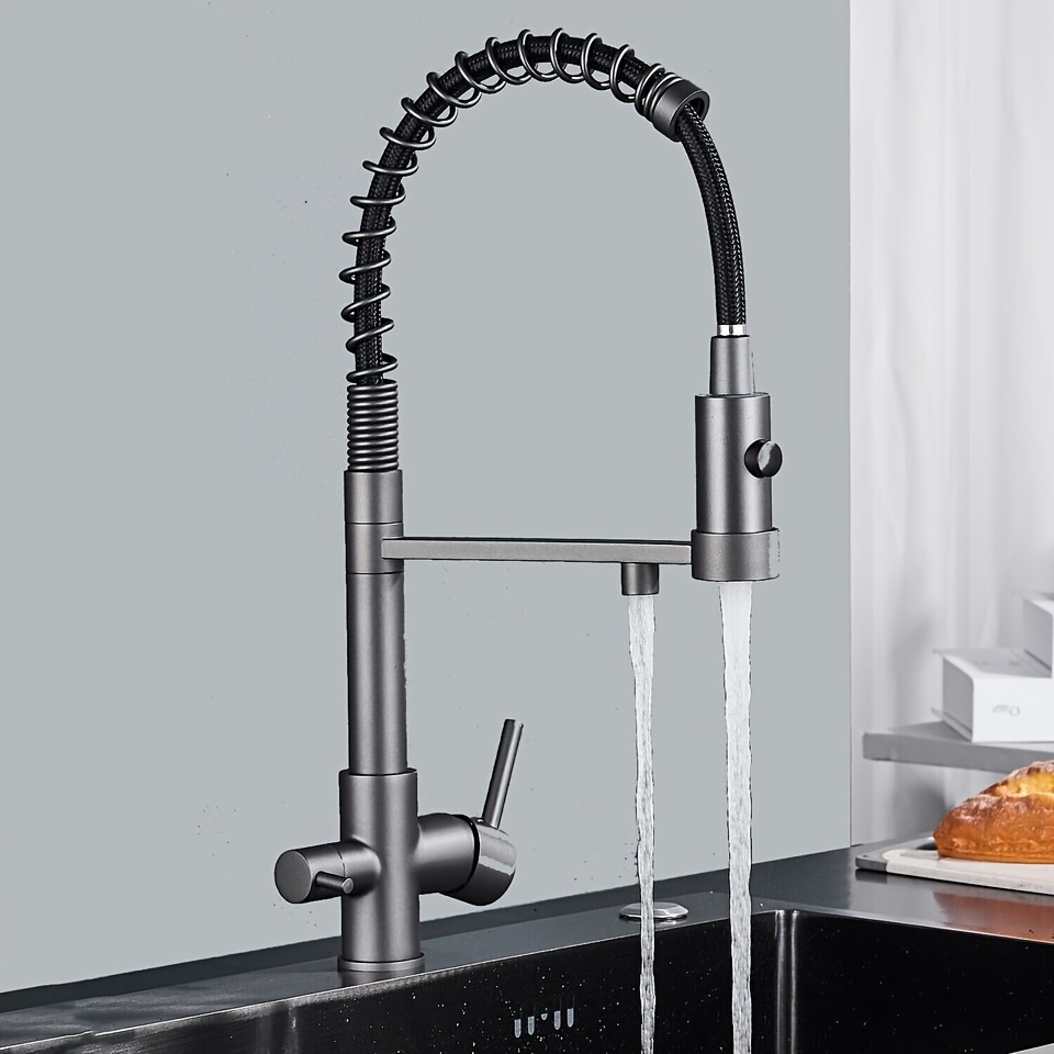 Spring 3-way Kitchen Tap With Pull-out Shower, Separate Pipe For Water, Spout, Spring Fitting, Single Hole Installation(brushed Golden)