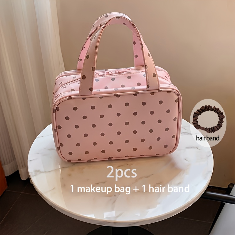 TEMU [2pcs] Polka Dot Makeup Bag And Hair Tie, Material Large Capacity Layered Design Makeup Organizer, 3-tier Partition Design, Hung On Suitcase,