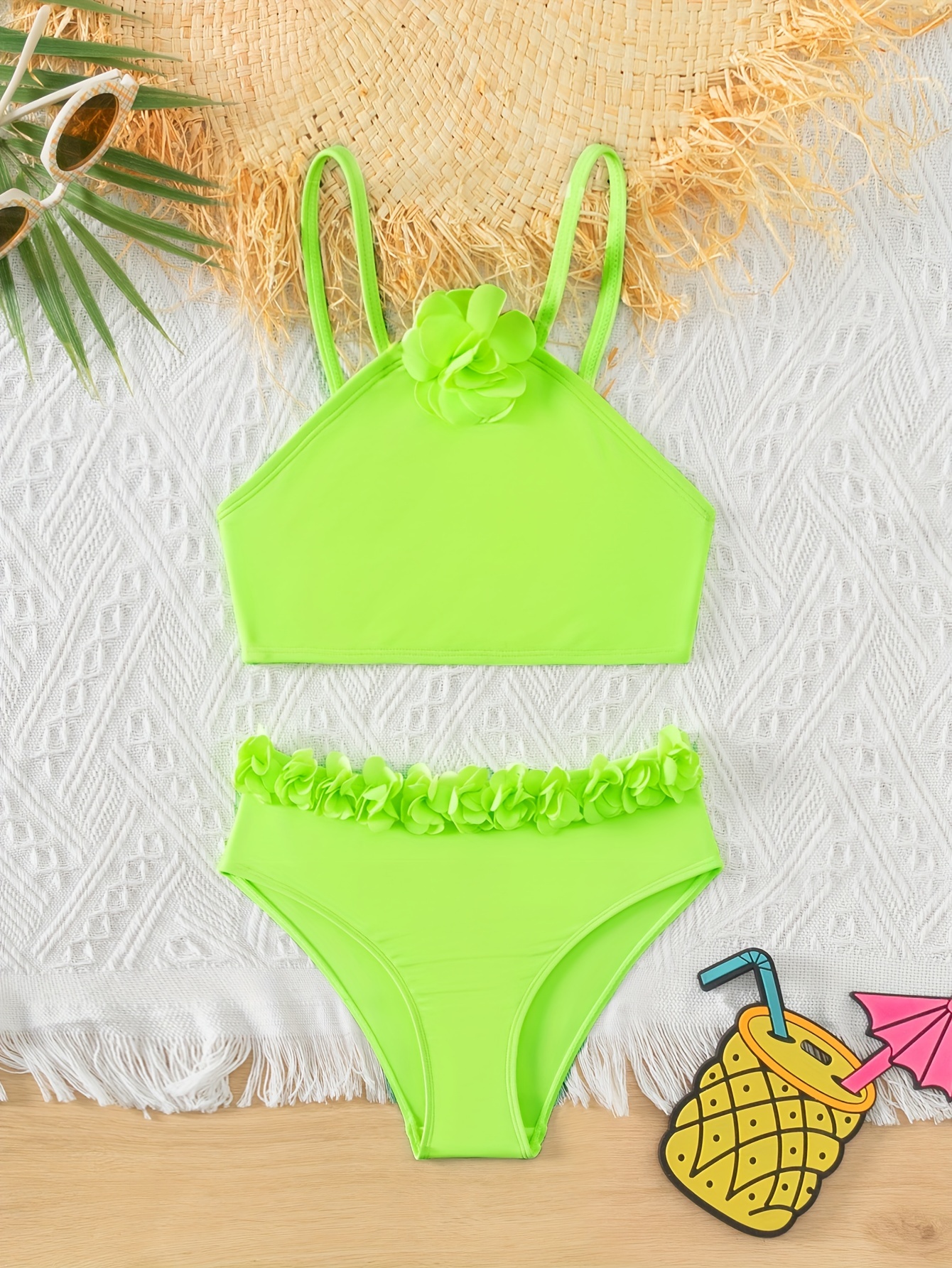 Vibrant Swimsuit Girls Sling Bikini Top + Ruffle Brief - Temu