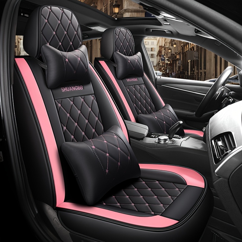 

Black & Pu Leather Car Seat Covers - Fit For 95% Of 5-seater Models, Protection With Stylish Pink Accents, Covers | Quilted Seat Covers | Seat Covers