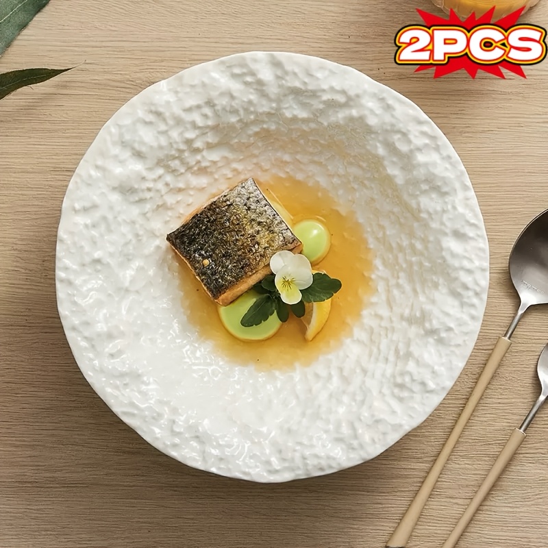 2pcs [Hot Item] Rock Grain Ceramic Plate, Senior Restaurant Daily Bowl, Soup Plate, Deep Plate, Restaurant Recommended Plate, Home Deep Plate Creative Hotel Restaurant Tableware Senior White Plate Soup Plate