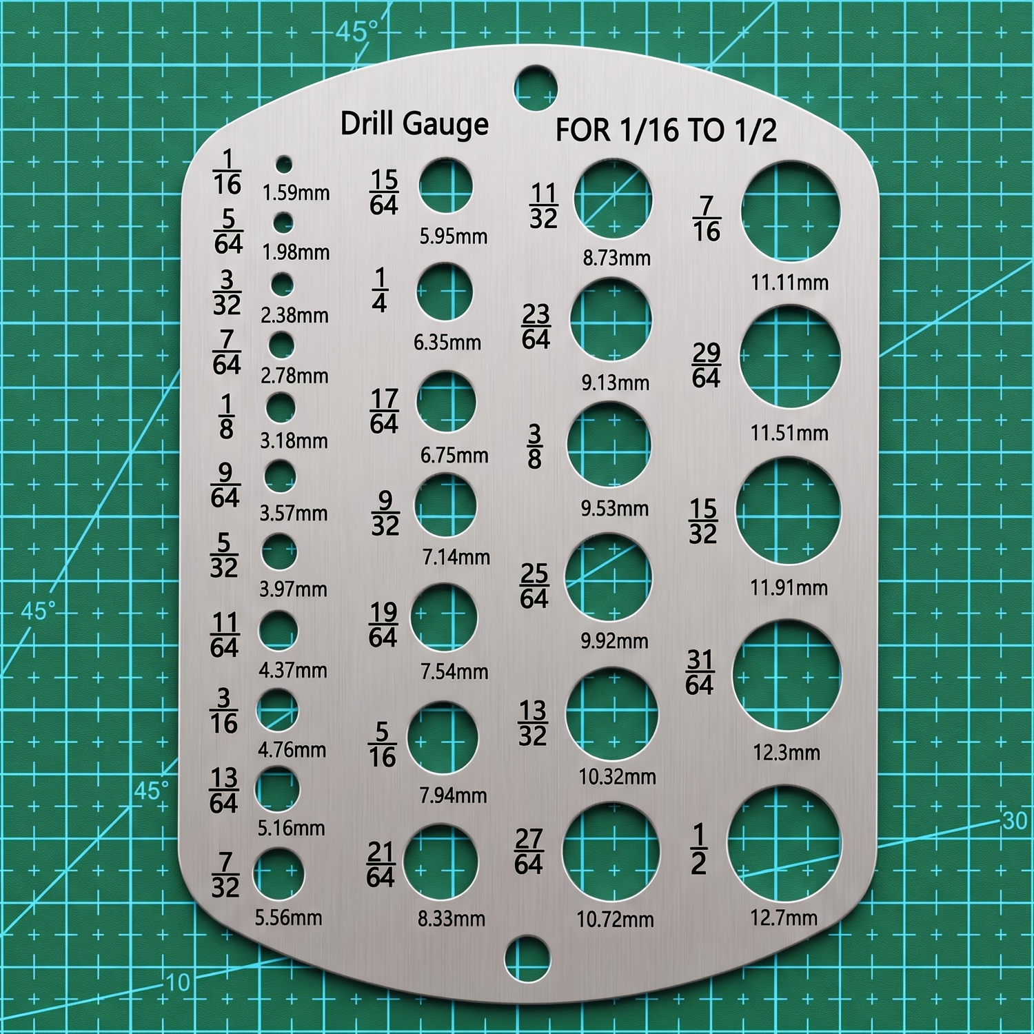 TEMU Jauge de taille à 29 trous, 1/16-1/2 pouce, 1,59-12,7 cm, échelles fractionnaires et décimales, index de diamètre de filetage de , guide de