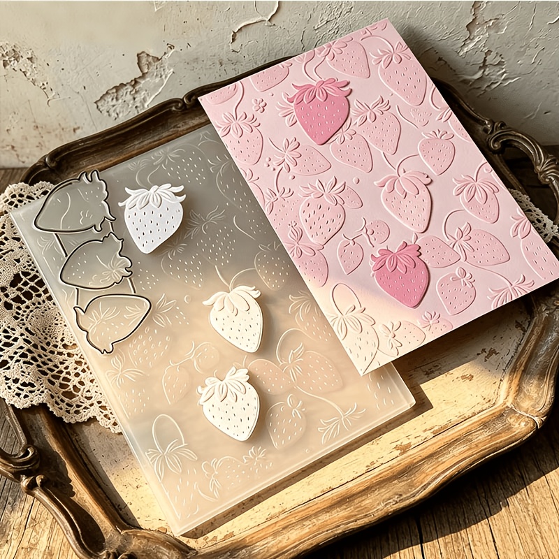 TEMU 2pcs Set Of 3d Embossed Folders With Strawberry Pattern, Reusable Plastic Embossing Tool For Greeting Card Scrapbook